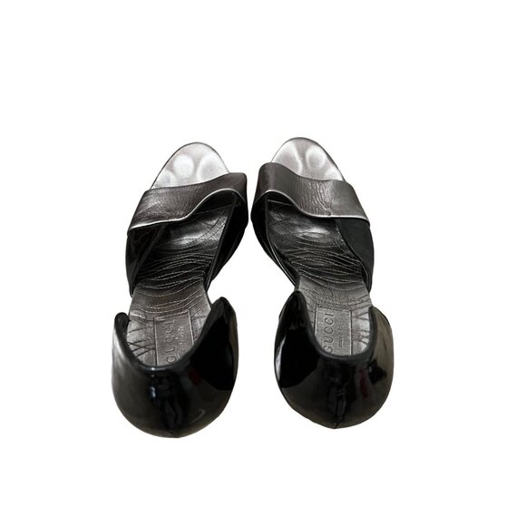 Gucci Womens Black Patent Pewter Metallic Leather D'orsay Peep Toe Heels 9 - Picture 10 of 12